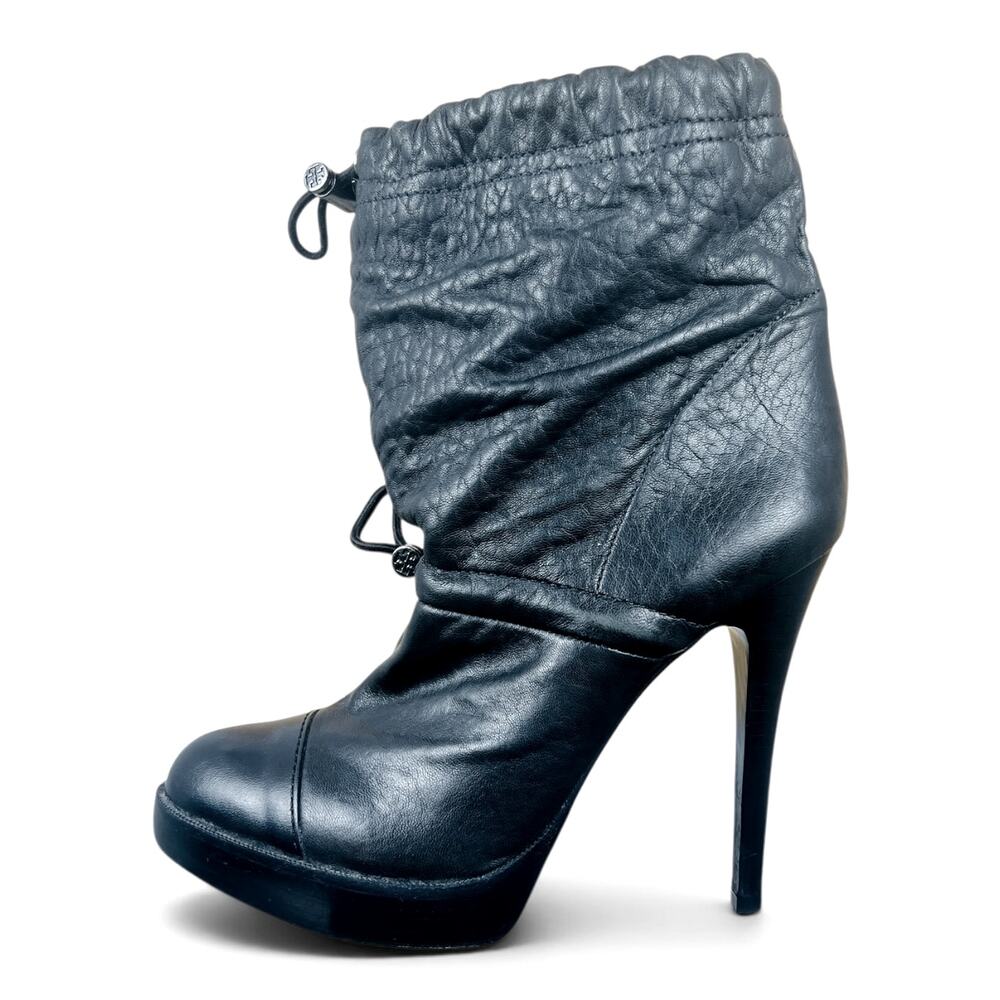 Tory Burch Black Leather Slouch Drawstring Cap Toe Platform Stiletto Boots 8M